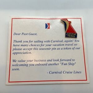 VTG Carnival Cruise Lines Carnival Victory Collectible Lapel Pin and Card